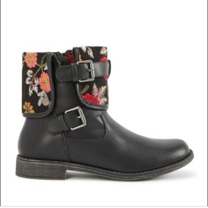 Floral Faux-Leather Bootie with Buckle Detail